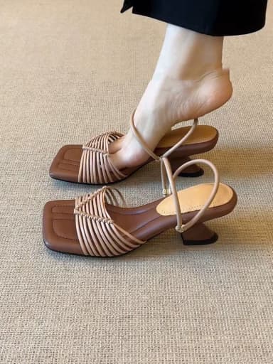 Sheepskin version~Vintage woven thin strap Roman sandals for women with chunky heel, square toe, elegant open-toe dual-use sandals