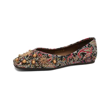 Chinese Style Retro Square-Toe Flat Shoes for Women, Summer Rhinestone Ethnic Style Shallow Mouth Loafers