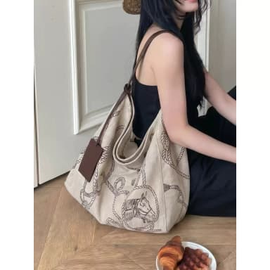 Unique Design Vintage Print Linen Canvas Casual Tote Bag for Women, Large Capacity Handbag, Fashionable Commuting Bag