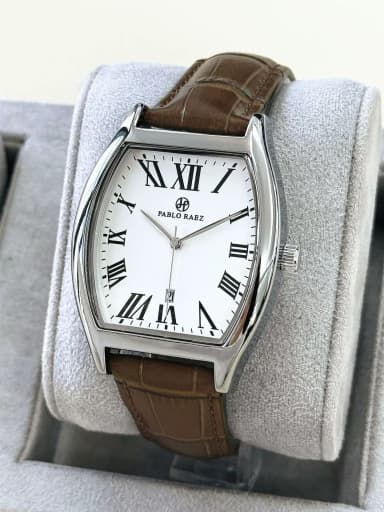 Pablo Raez Casual Business Men's Quartz Watch Barrel-Shaped Leather Strap Waterproof Calendar Wristwatch Cross-Border