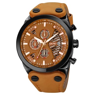Timeless Retro Trend Men's Chronograph Quartz Watch with Leather Strap, Skeleton Dial, Calendar, Cross-Border Business Men's Watch