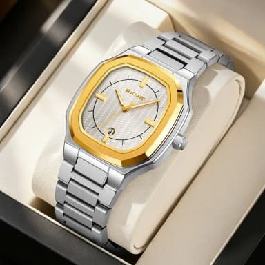 Timemei Stainless Steel Gold-Plated Octagonal Quartz Watch Men's Waterproof Calendar Business Wristwatch